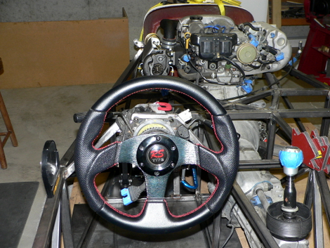 The view over the steering wheel.